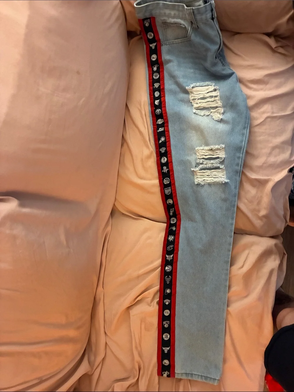 NBA Light Blue Straight Jeans with Red & Black Side Tape